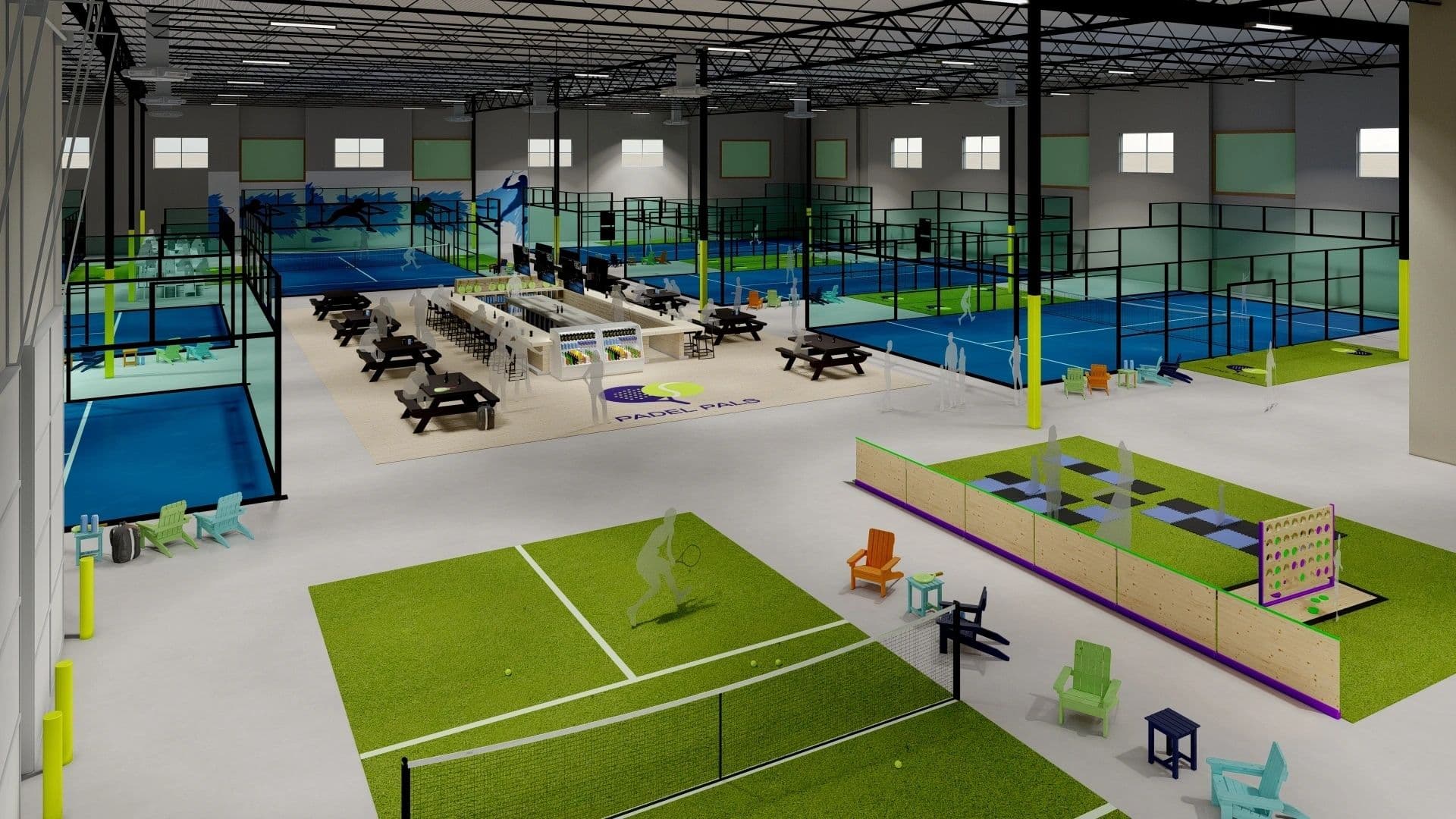 Aerial view of Padel Pals indoor padel and pickleball facility