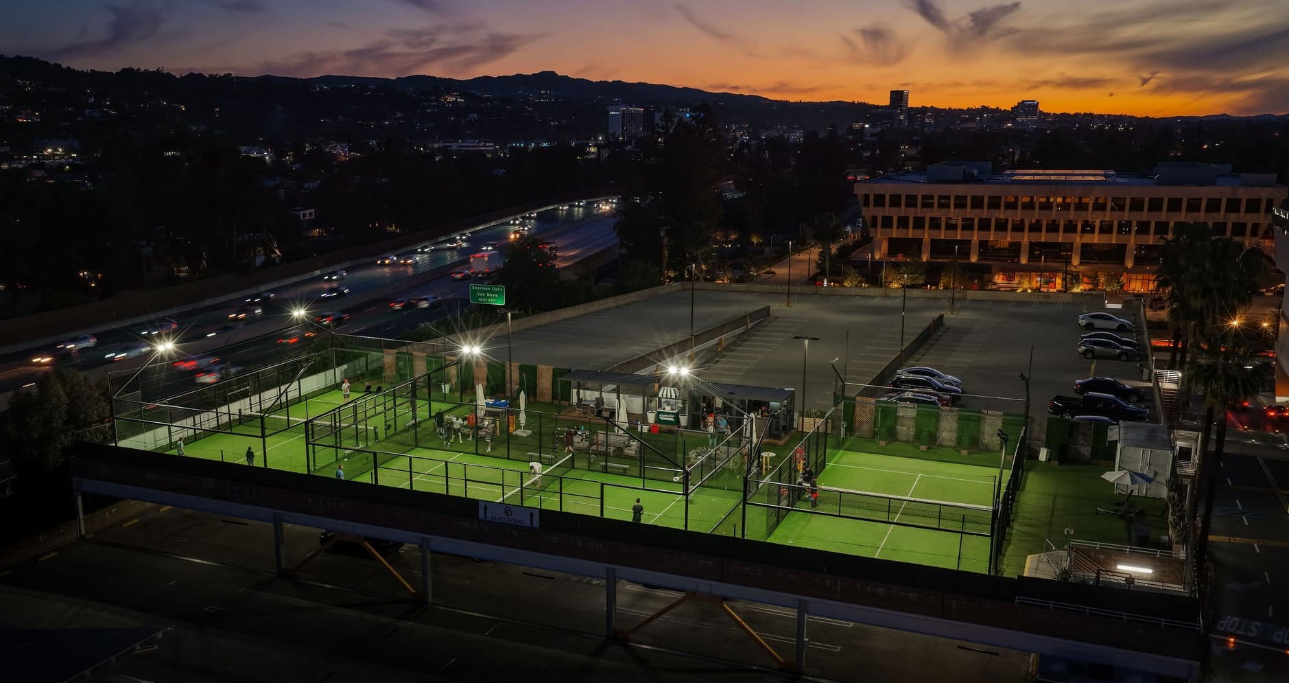 Aerial view of Pura Padel rooftop courts in Sherman Oaks